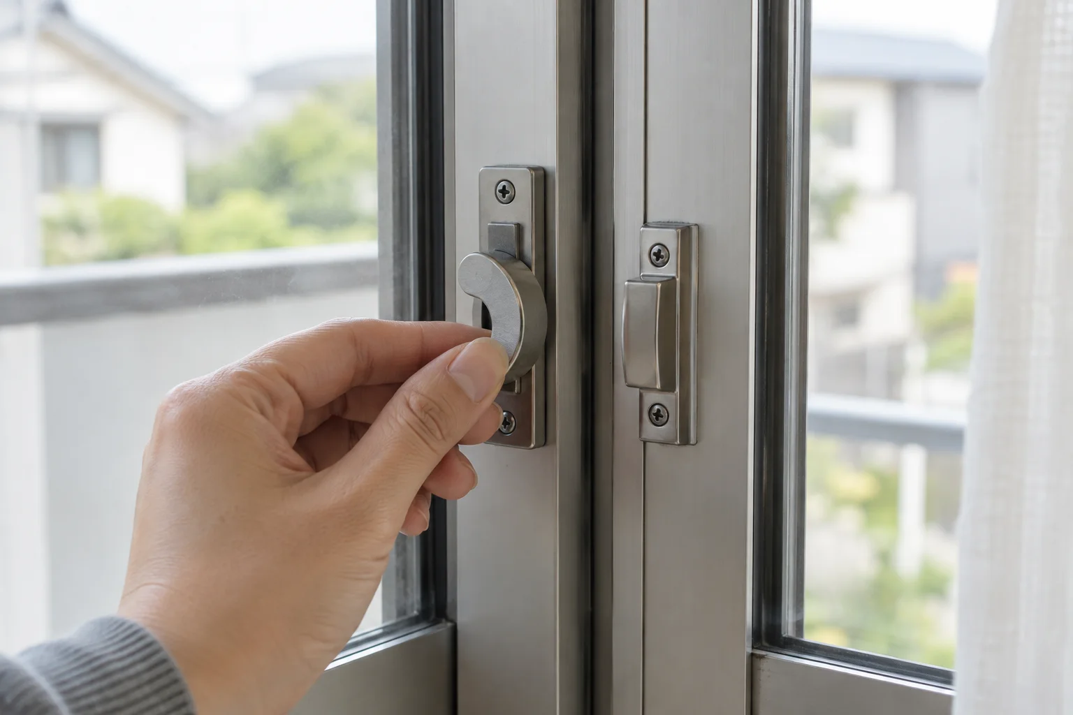 引違い窓のクレセント錠を確認する手元