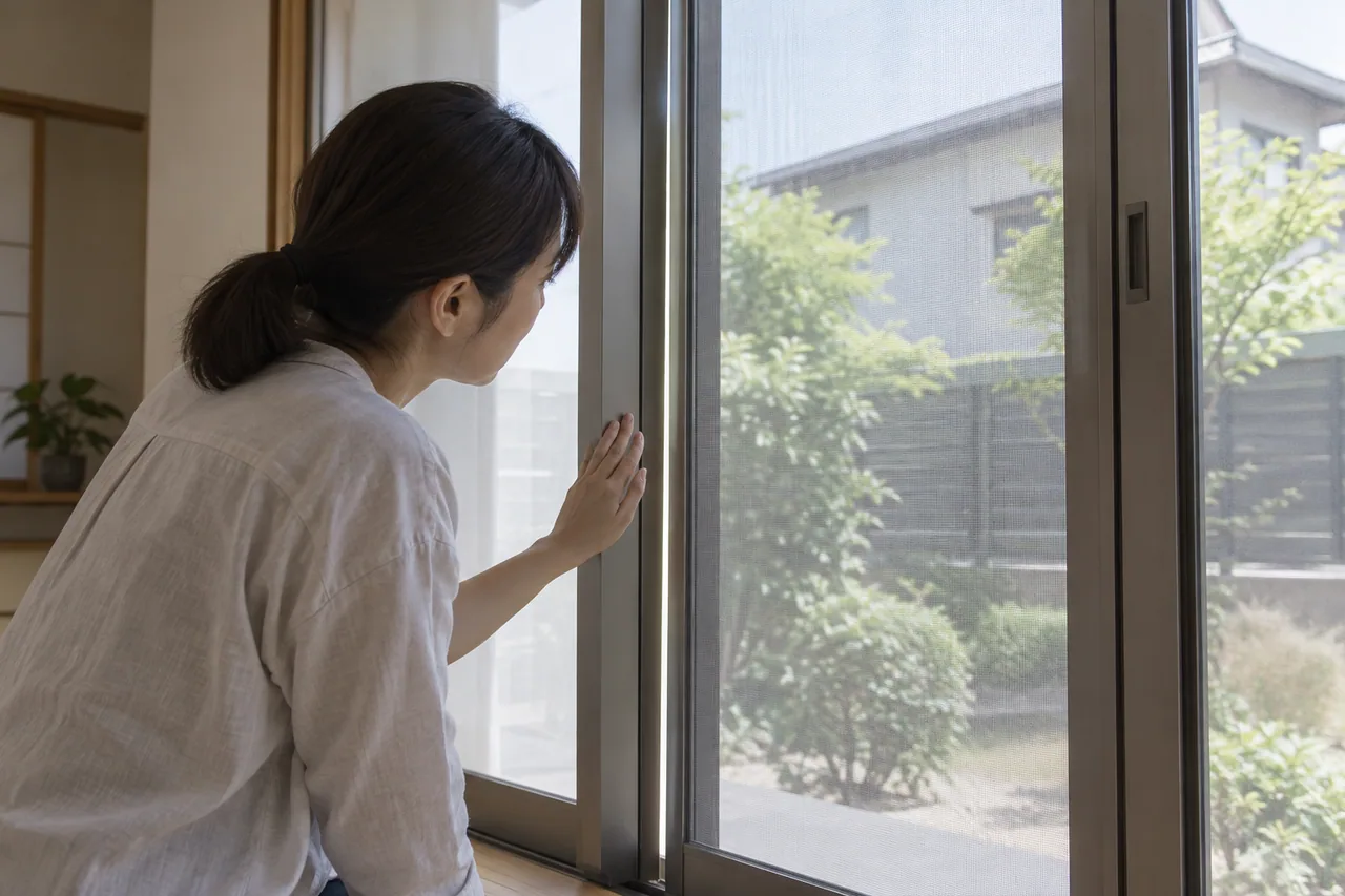 網戸の枠にずれがないか確認する人