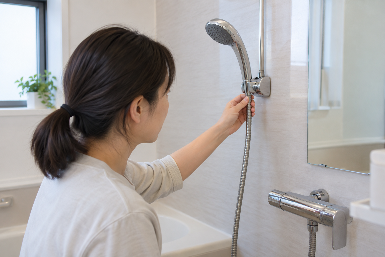 浴室でシャワーヘッドとホースの接続を確認する手元